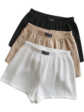 Women's Khaki Black White Summer Packs Elastic Waist Wide Leg Casual Shorts